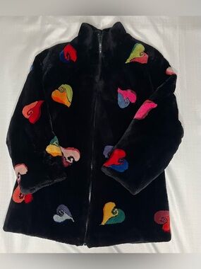 Vintage Zuki Sheared Beaver Fur Intarsia Heart Motif Coat - Measures Small